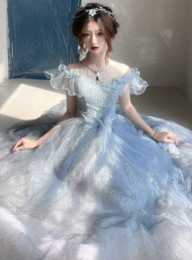 蓝色晚礼服女2026新款轻奢一字肩学生毕业季法式在逃公主宴会礼服