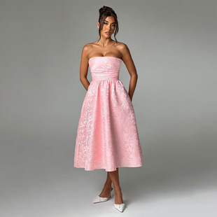 欧美礼服抹胸缎面提花2025年新款后背绑带收腰蓬蓬裙A字裙连衣裙