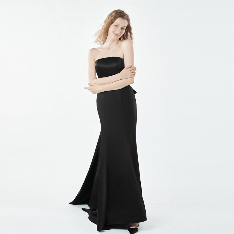 黑色抹胸轻婚纱后背大蝴蝶结小拖尾礼服钢琴小提琴演出服新款礼服