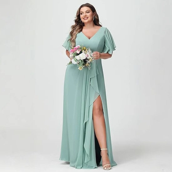 大码晚礼服胖MM显瘦遮腰V领雪纺开叉结婚宴会V领伴娘服日常连衣裙