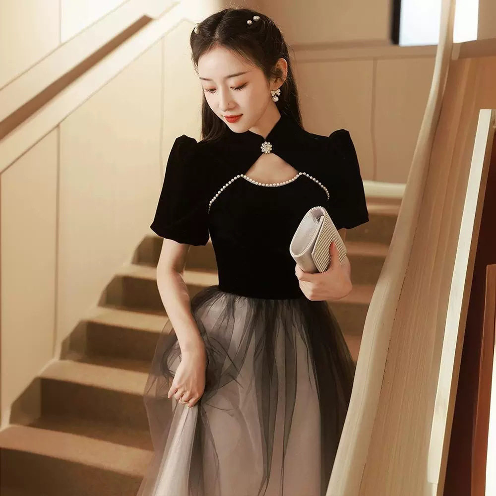 晚礼服女年会轻奢小众高级感黑色高端渐变纱裙主持人声乐艺考长裙