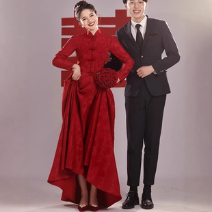 酒红色敬酒服新娘2026新款长袖新中式旗袍订婚礼服两件套装回门服