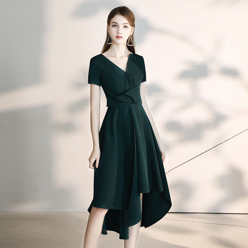 晚礼服女宴会气质伴娘平时可穿轻奢小众高端前短后长墨绿色连衣裙