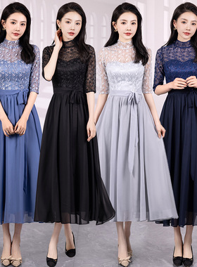 小礼服独立站ebay黑色名媛气质连衣裙长款蕾丝露背性感年会晚礼服