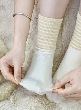 春夏大码女中筒袜条纹艾草松口吸湿排汗不起球情侣ins空调女袜子
