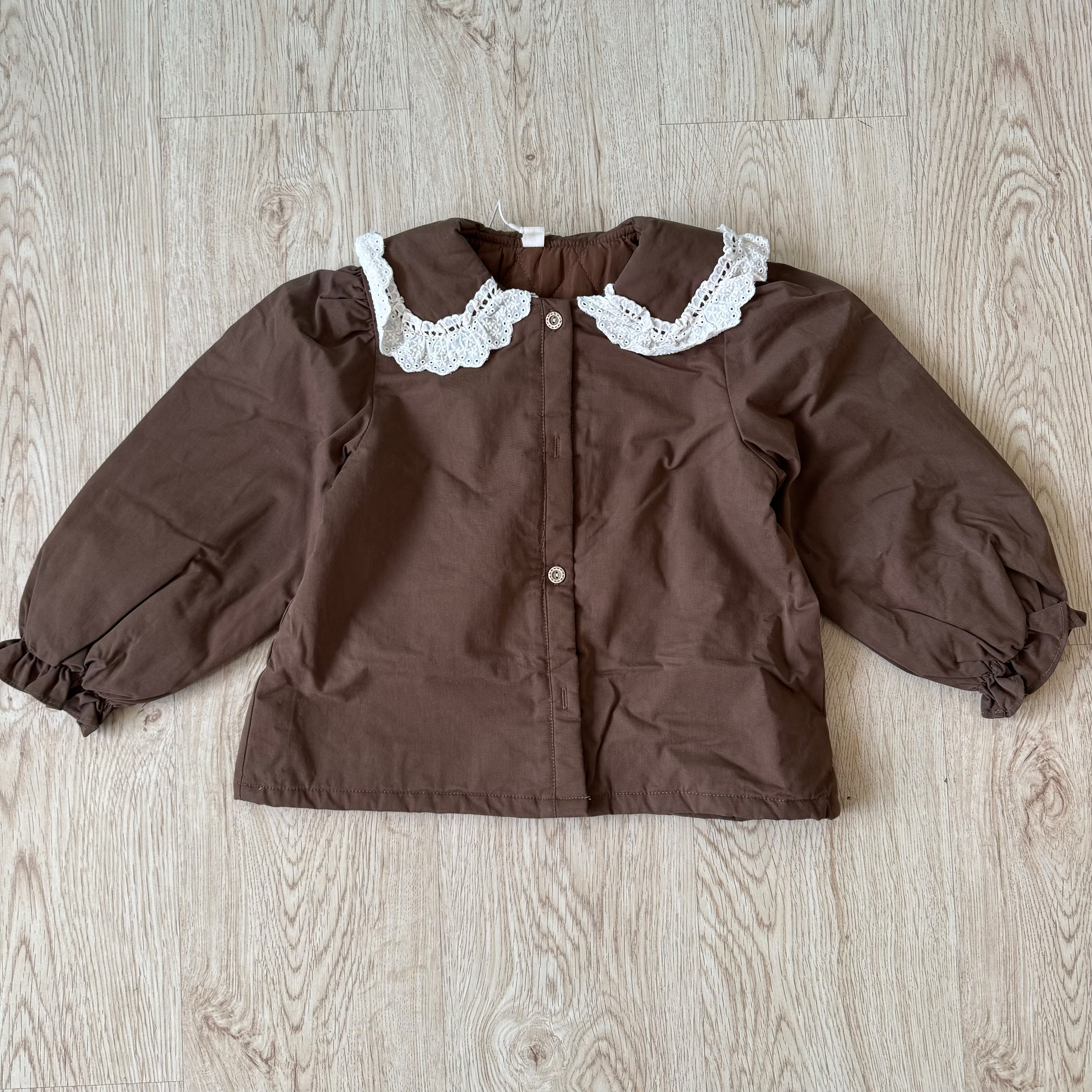 览瞳咖色纯棉蕾丝娃娃领翻领女童夹棉棉服外套二棉上衣衬衫薄棉