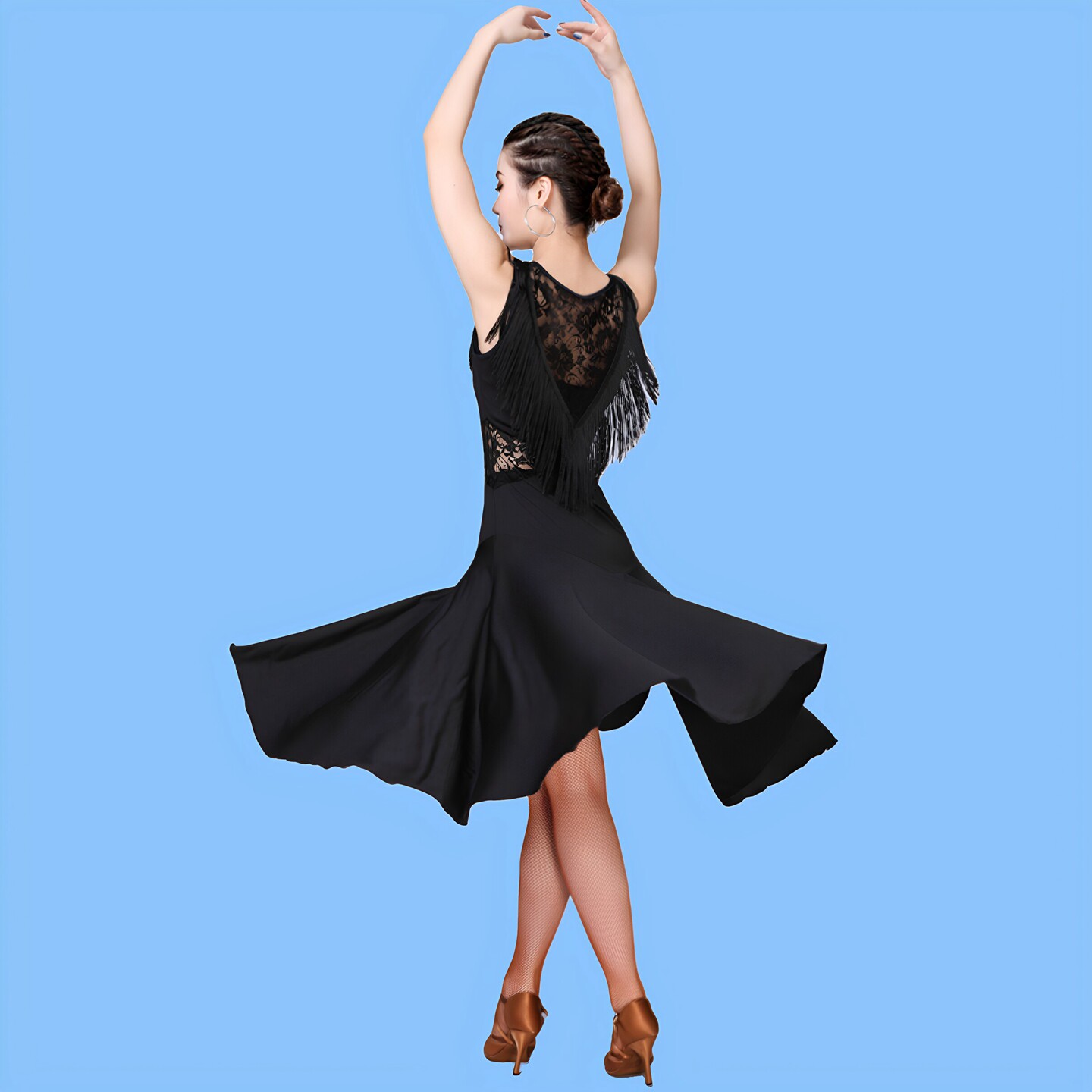 拉丁广场舞演出服女成人新款无袖流苏连衣裙摩登交谊专用跳舞服黑