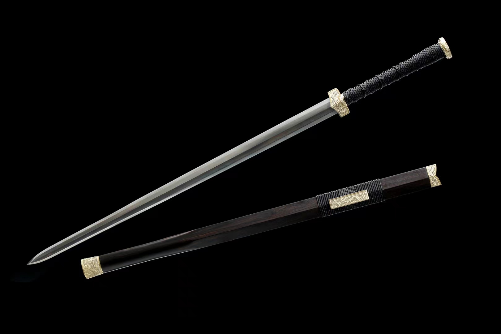 千岩汉剑百炼钢扭转纹覆土烧刃手工锻打八面剑黑檀木未开刃