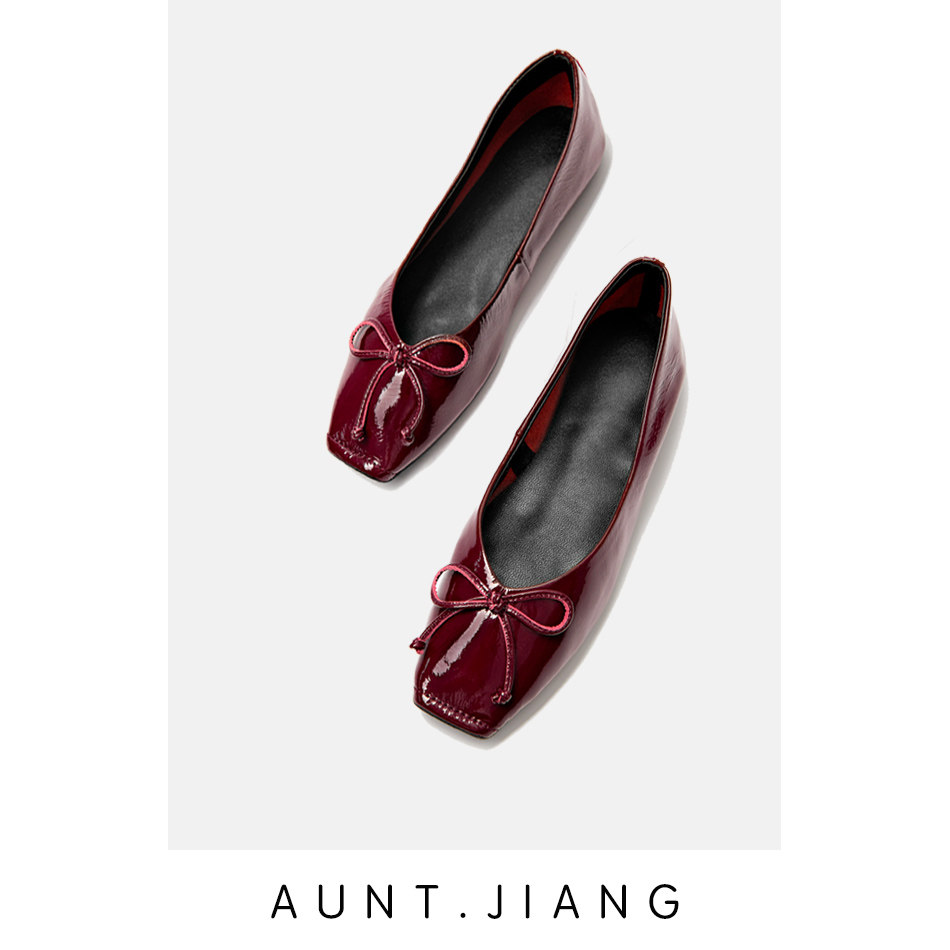 [AUNT CRAFTSMAN] 2024 SPRING SUPER SOFT FRENCH SMALL SQUARE TOE BOW PATENT LEATHER PUMPS FLAT BALLET SHOES WOMENS SINGLES