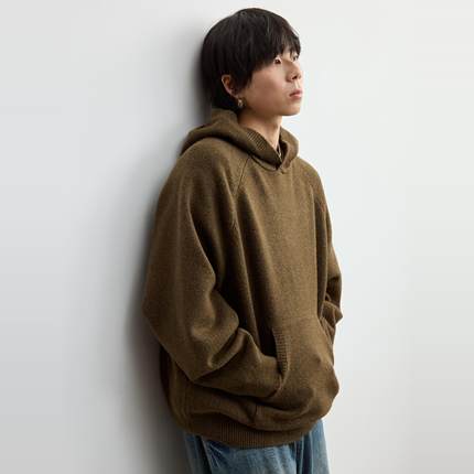 Vavu日系重磅连帽针织毛衣口袋休闲宽松插肩袖外套上衣慵懒复古男