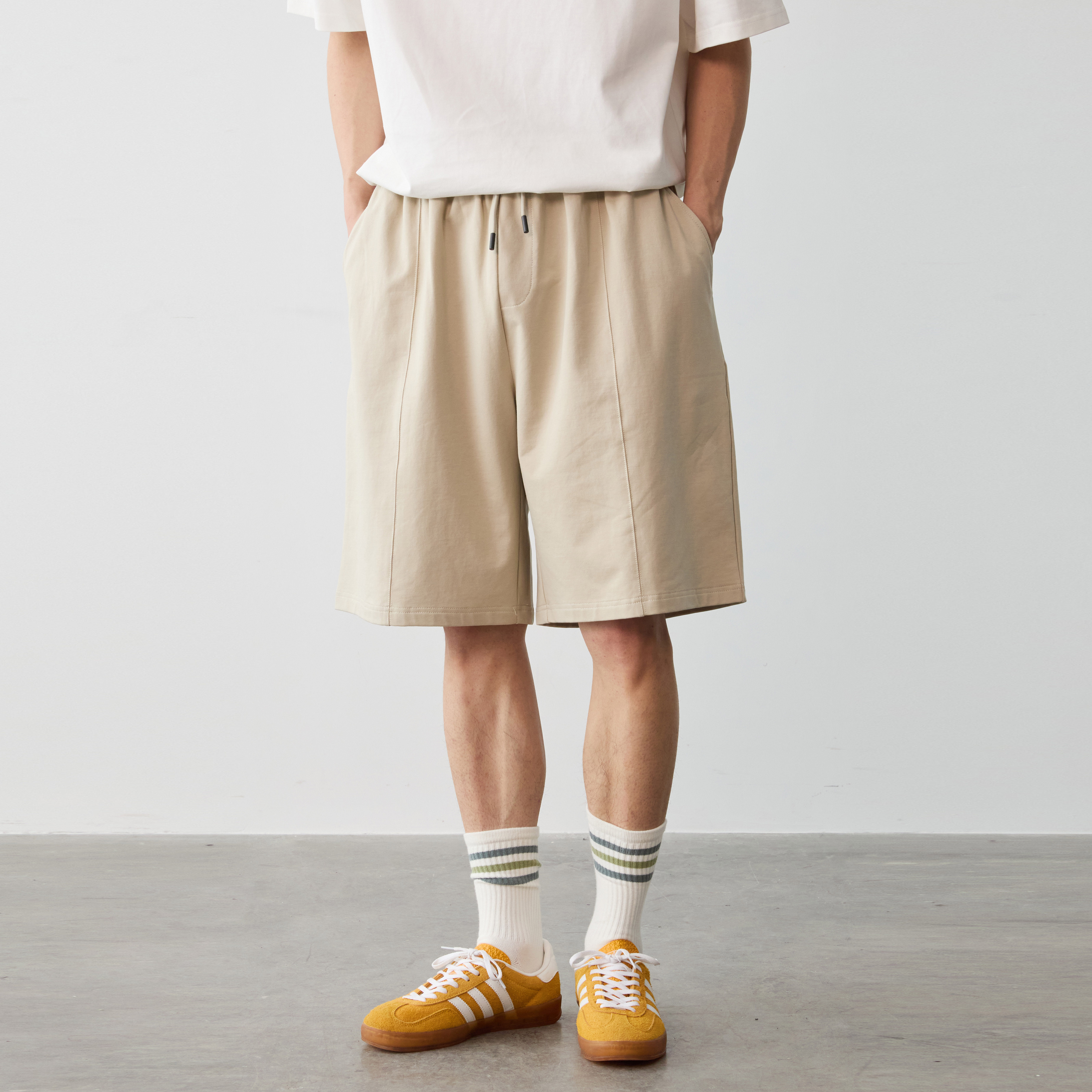 【5折特惠】Vavu小毛圈拼块短裤日常通勤松紧腰抽绳斜插袋五分裤