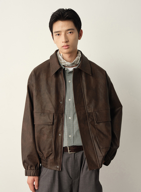 Vavu美式复古拉链翻领皮衣复古机车PU皮夹克外套松紧下摆春秋上衣