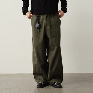 宽松百搭休闲裤 Vavu日系水洗做旧全棉阔腿裤 复古松紧腰直筒长裤