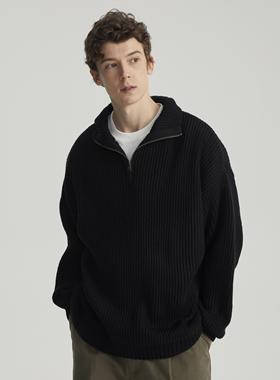 Vavu（Vavues）秋冬日系纯色羊毛半拉链高领针织衫毛衣打底上衣男