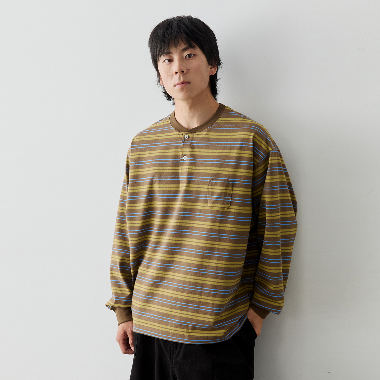 Vavu条纹亨利领长袖T恤