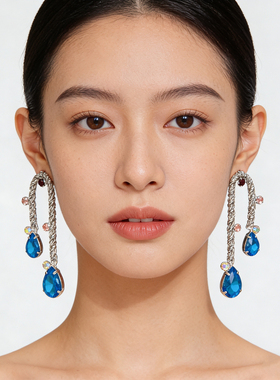 DD甜辣风时髦精巴洛克镶钻水钻耳环蓝色紫色水滴链条显瘦耳环925