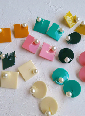 DD筑梦系列科技感几何异形糖果色亚克力方块圆形珍珠树脂耳钉耳环