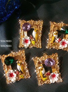 DD/法式复古宫廷风重工法琳琅花鸟浮雕艺术相框耳钉耳夹 镶钻耳环