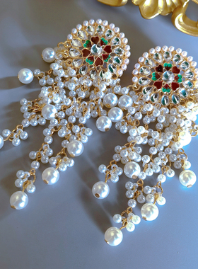 DD繁花系列/vintage法式宫廷复古风夸张手工串珠珍珠瀑布流苏耳环