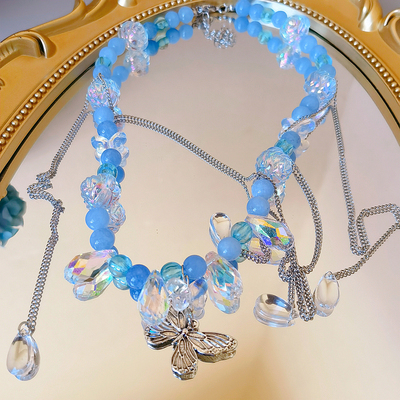 DD质感满满嘻哈千禧风y2k百搭baby蓝水晶蝴蝶链条吊坠项链锁骨链