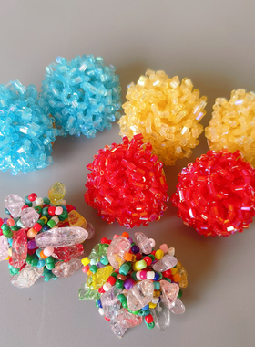 DD手工水晶串珠花球耳钉耳夹多巴胺彩色小众耳环小球简约