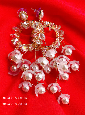 DD筑梦系列/925银新款巴洛克夸张梦幻水晶珍珠花朵流苏耳环耳夹