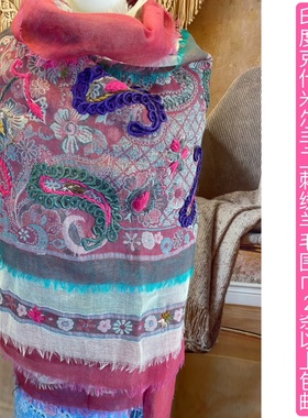 尼泊尔印度克什米尔手工水煮羊毛羊绒刺绣围巾披肩异域风情