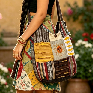 尼泊尔嬉皮士手工缝制单肩包特色包刺绣拼接民族风单肩包斜挎布包