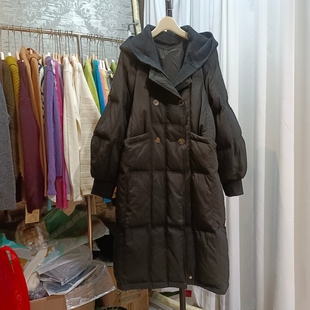 针织连帽中长款羽绒服女冬季白鸭绒90%含绒量加厚外套9055