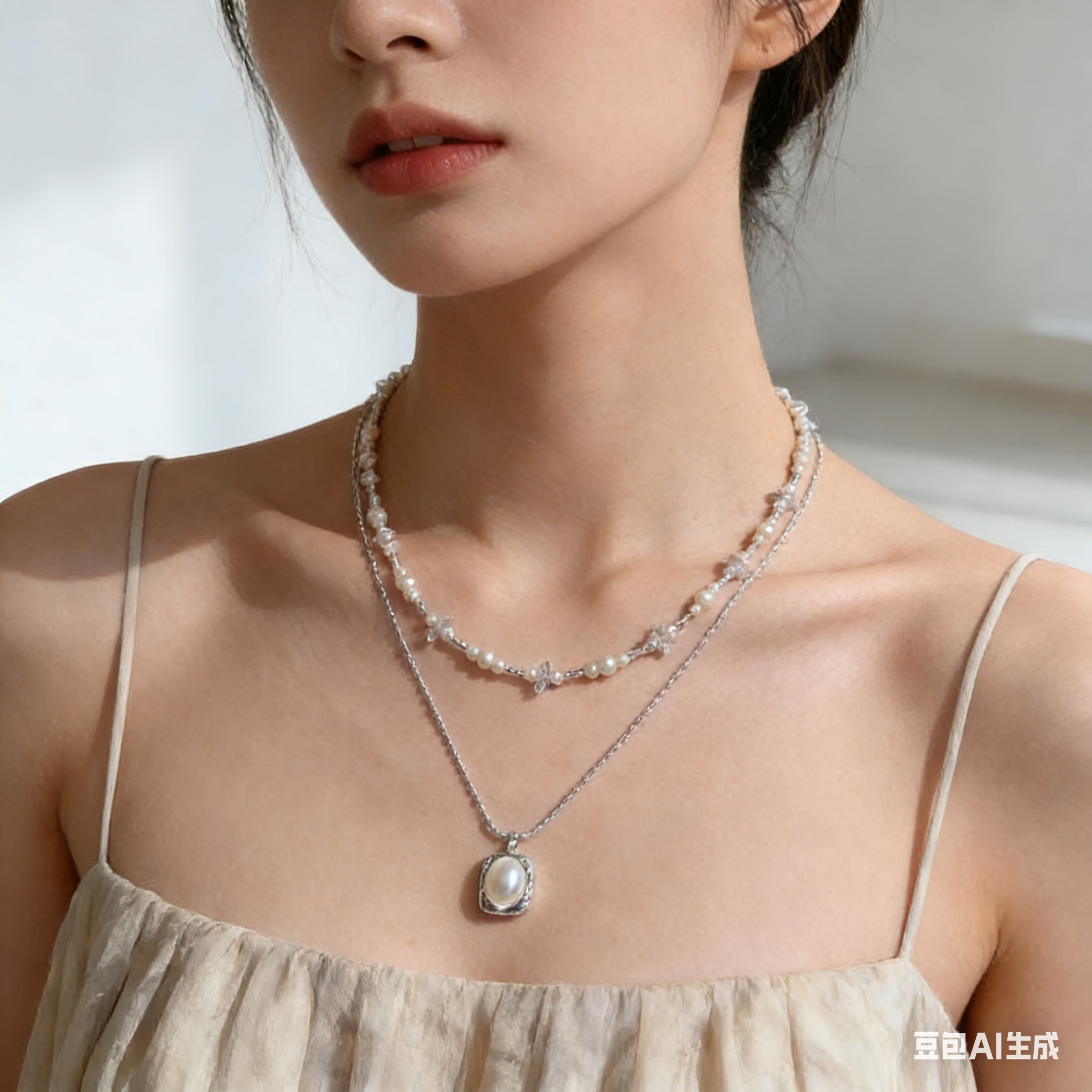 防过敏不掉色 高级感轻奢双层珍珠水晶吊坠项链 可叠戴可单戴颈链