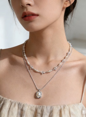 防过敏不掉色 高级感轻奢双层珍珠水晶吊坠项链 可叠戴可单戴颈链