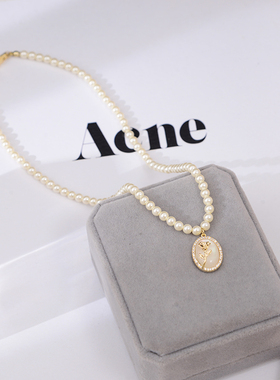 防过敏不掉色 中国风复古轻奢优雅百搭玫瑰吊坠项链 3mm珍珠颈链