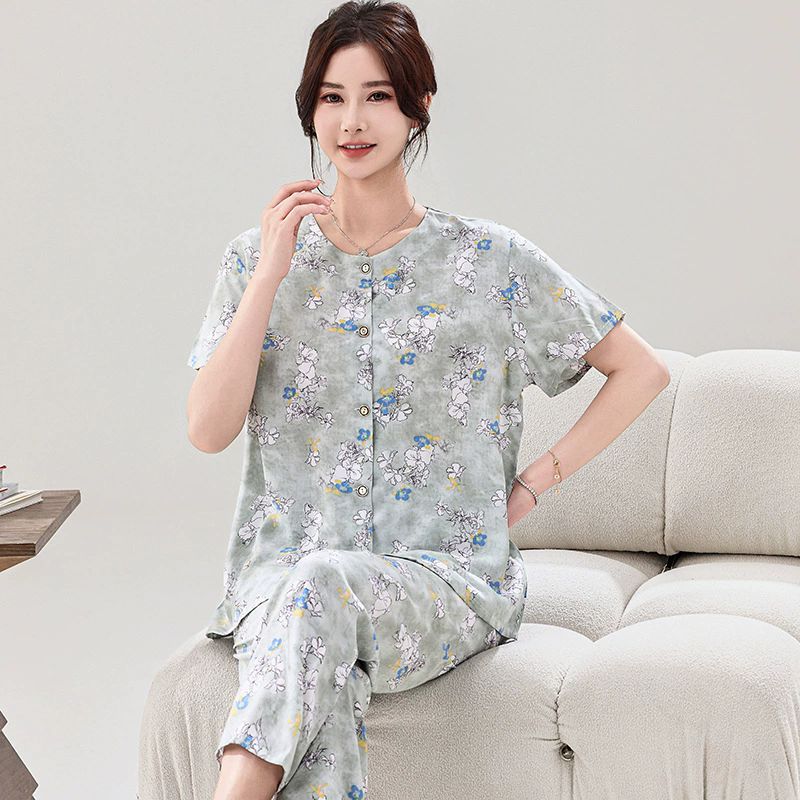 中老年睡衣女夏季棉绸短袖九分裤妈妈款家居服中老年开衫夏天套装