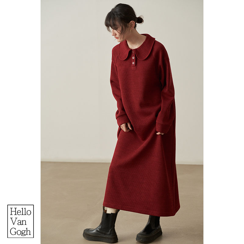 法式少女裙娃娃领保暖中长款连衣裙女清纯甜美温柔针织内搭打底裙
