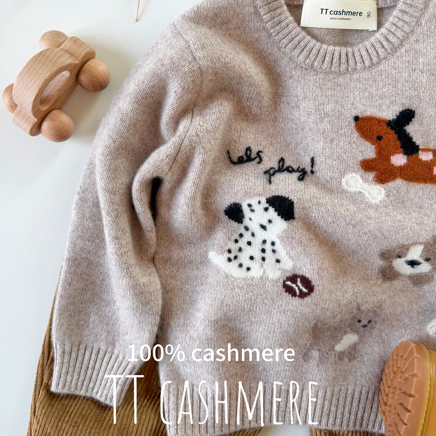 TTcashmere儿童柔软奶咖小狗山羊绒可爱动物提花毛衣双股针织衫