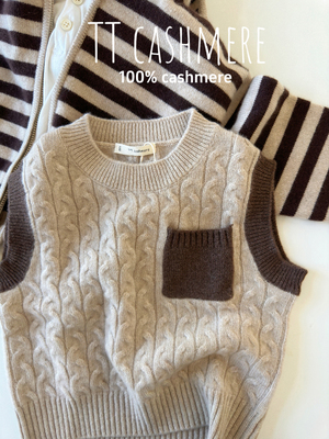 TTcashmere秋冬新款三股男女儿童宝宝圆领拼接加厚麻花纯羊绒背心
