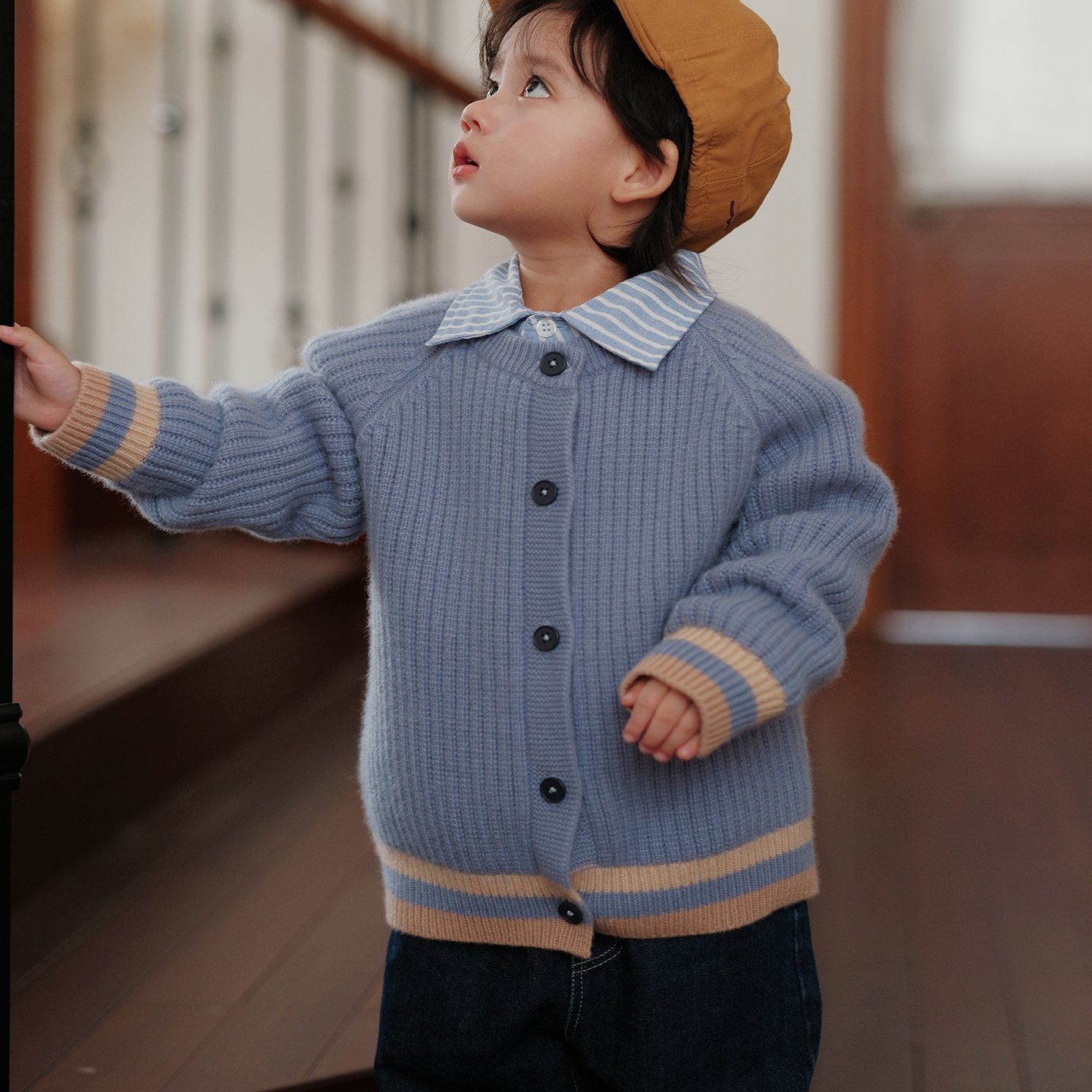 TT cashmere儿童加厚元宝针开衫撞色百搭软糯保暖针织毛衣外套