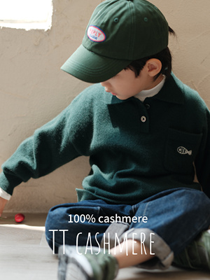 TTcashmere儿童帅气小鱼刺绣山羊绒韩版翻领卫衣儿童T恤