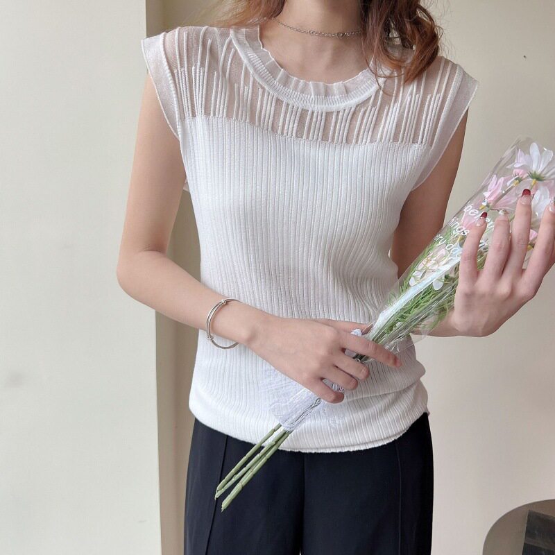 2025年新款夏季冰丝短袖背心女欧根纱小飞袖蕾丝短袖打底衫上衣