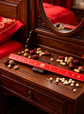 结婚喜尺百子千孙红木尺婚房布置传统嫁娶嫁妆道具老式红色木尺子