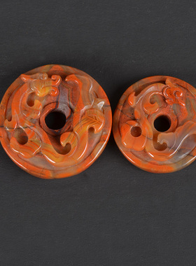 精品北票战国红玛瑙龙凤对吊坠情侣挂件镂空透雕闪丝红黄料平安扣