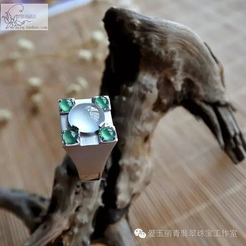【爱玉丽青】A货天然翡翠18K白金镶嵌冰种蛋面男士/中性戒指 - 封面