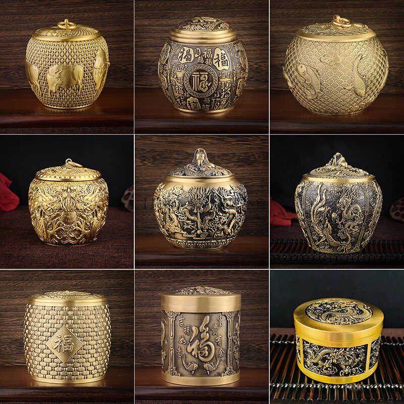 全黄铜茶叶罐大小号九龙凤百福字双龙梅兰竹菊五牛纯铜茶罐装茶叶