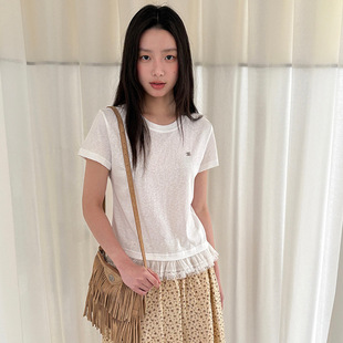 2025夏Fu 韩系正肩蕾丝拼接甜美显瘦圆领t恤女2025夏季 新款 短袖