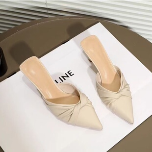 包头半拖女法式 高跟尖头细跟外穿懒人凉拖 小众设计感2024春夏新款