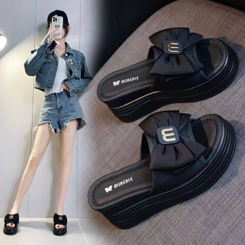 红青挺高跟凉拖女鞋夏季2024蝴蝶结装饰软底厚底沙滩防滑拖鞋韩版,女鞋,一字拖,淘宝优惠券,粉丝福利购,淘宝优惠卷