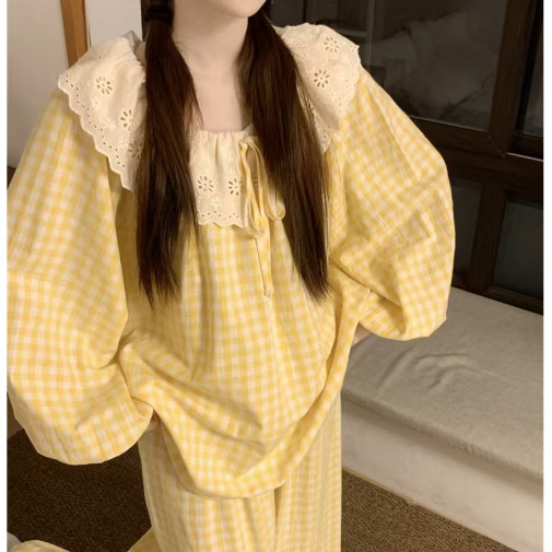 2025新款花边格子睡衣女长袖套装
