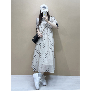 长款 女夏气质宽松显瘦a字泡泡袖 裙子 波点连衣裙新款 superxue