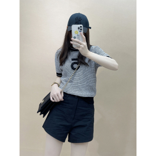 夏显瘦设计感小众刺绣上衣 T恤女新款 superxue 条纹针织短袖