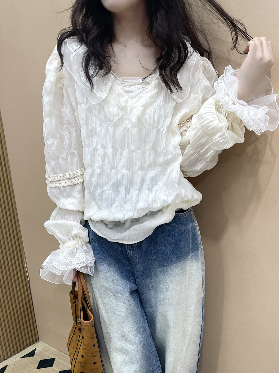 superxue2024新款宽松韩版套头蕾丝米白衬衫女春季宽松长袖衬衣